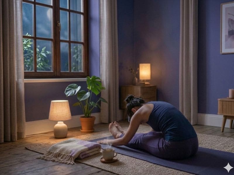 woman practicing bedtime yoga routine for better sleep