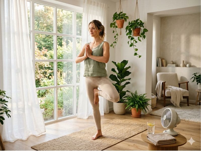 Woman performing yogalates workout at home to improve strength, flexibility, and overall wellness