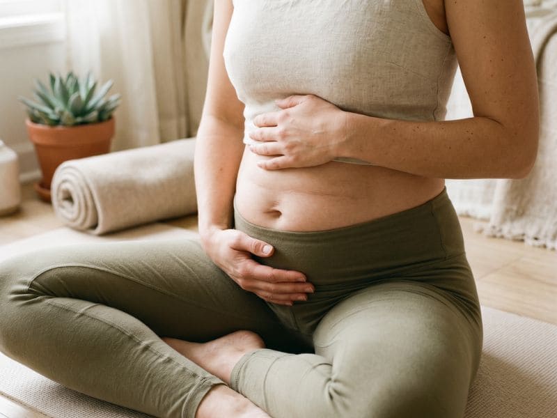 Beginner practicing a Yogalates workout focusing on core strength and belly fat reduction with mindful movement
