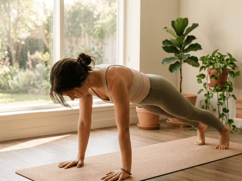 Beginner practicing Yogalates pose with a smile focusing on mindful breathing and stretching