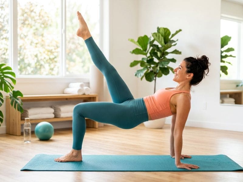 Beginner practicing a Yogalates workout combining yoga and Pilates for flexibility, strength, and balance