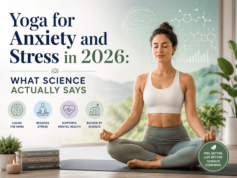 Woman practicing yoga for anxiety and stress relief with science-backed Yogalates techniques in 2026