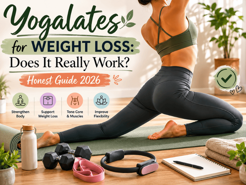 Woman practicing Yogalates for weight loss, fat burning, and full body fitness at home