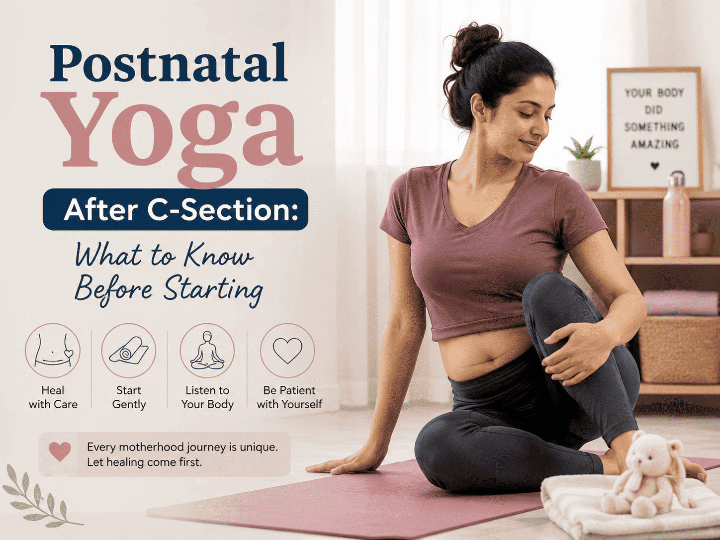 Woman doing gentle postnatal yoga pose at home after C-section recovery
