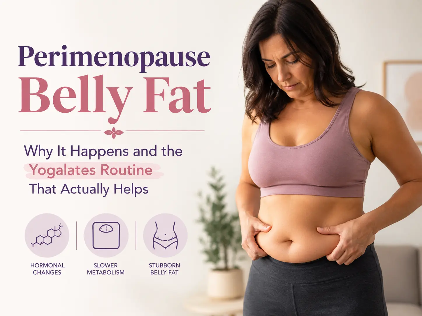 Woman practicing Yogalates routine to reduce perimenopause belly fat at home