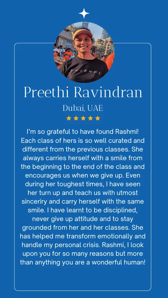 Customer testimonial for Yogalates With Rashmi yoga and Pilates classes
