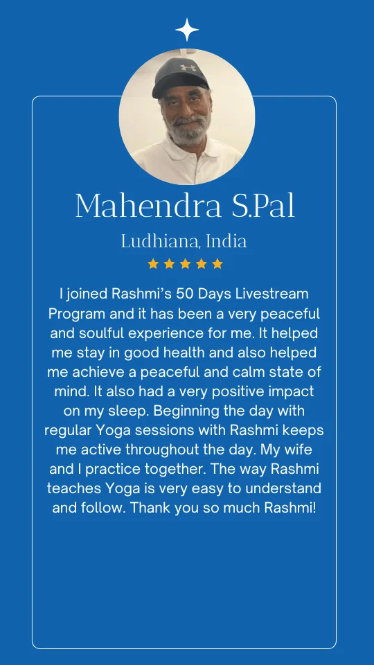 Student testimonial for Yogalates With Rashmi online yoga and fitness classes
