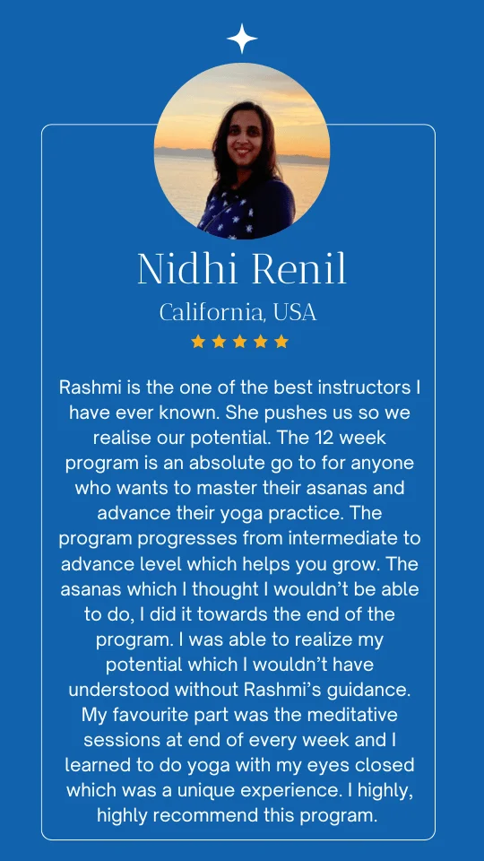 Wellness testimonial from a Yogalates With Rashmi student about their yoga and fitness experience