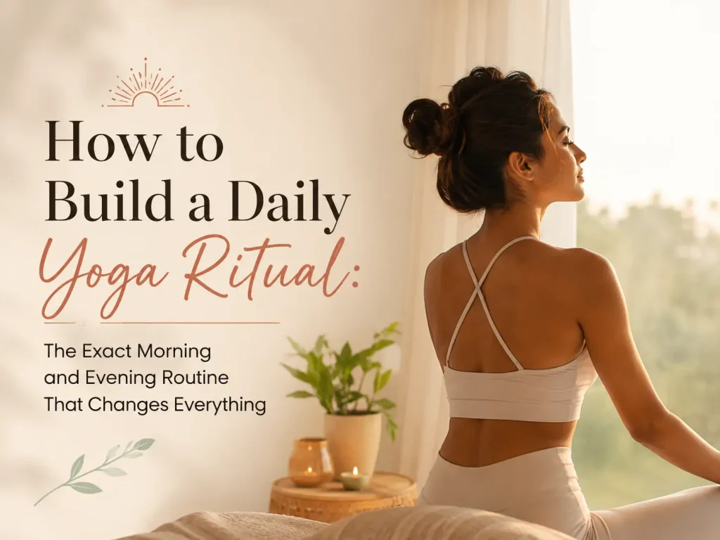 Woman practicing daily morning yoga ritual at home with mindful breathing and gentle Yogalates movement