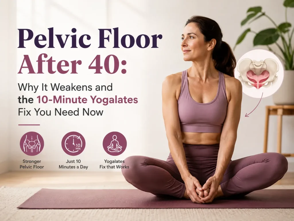 Woman over 40 practicing Yogalates pelvic floor exercises at home for core strength and bladder control
