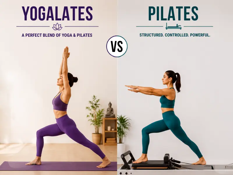 Woman practicing Yogalates combining yoga stretch and Pilates core movement