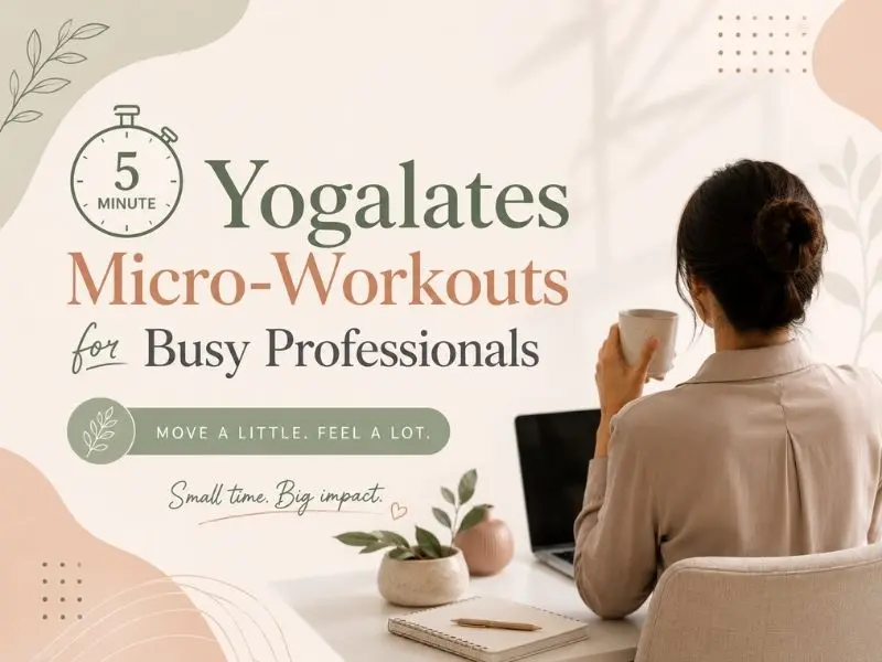 Woman performing a 5-minute Yogalates micro workout at home to improve strength, posture, flexibility, and reduce stress for busy professionals.