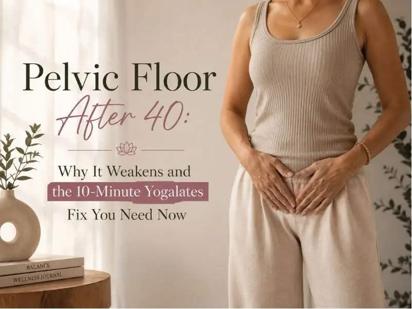 Woman over 40 practicing Yogalates pelvic floor exercises at home for core strength and bladder control