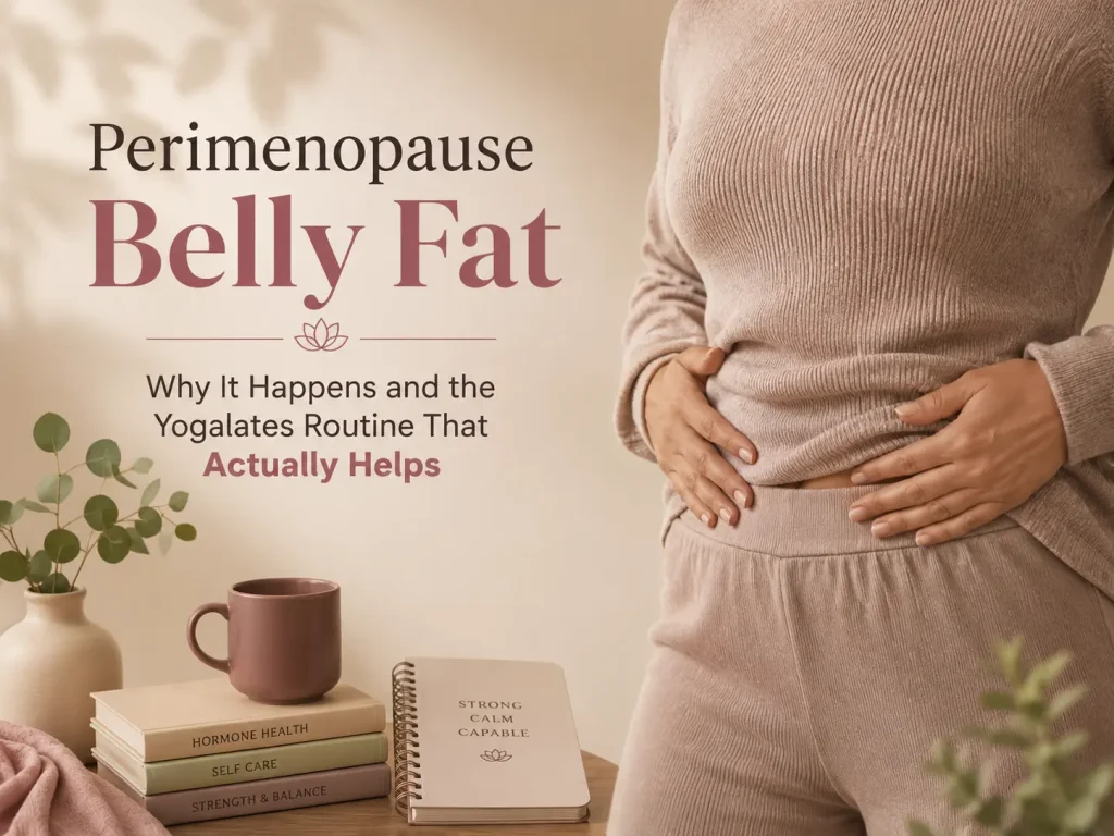 Woman practicing Yogalates routine to reduce perimenopause belly fat at home