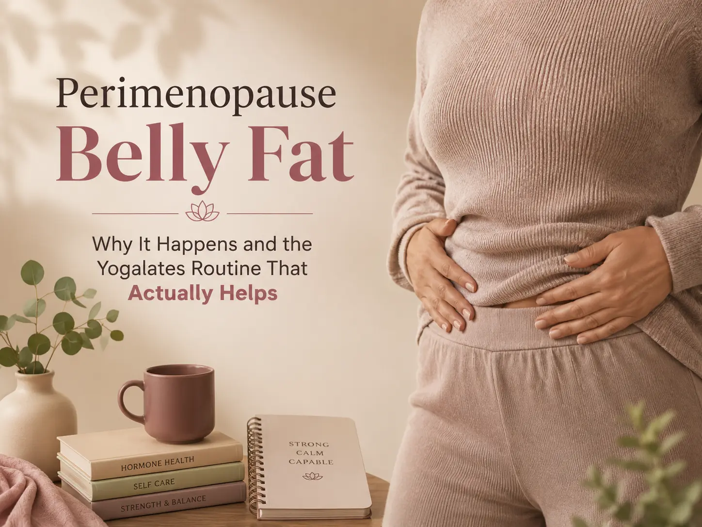 Woman practicing Yogalates routine to reduce perimenopause belly fat at home