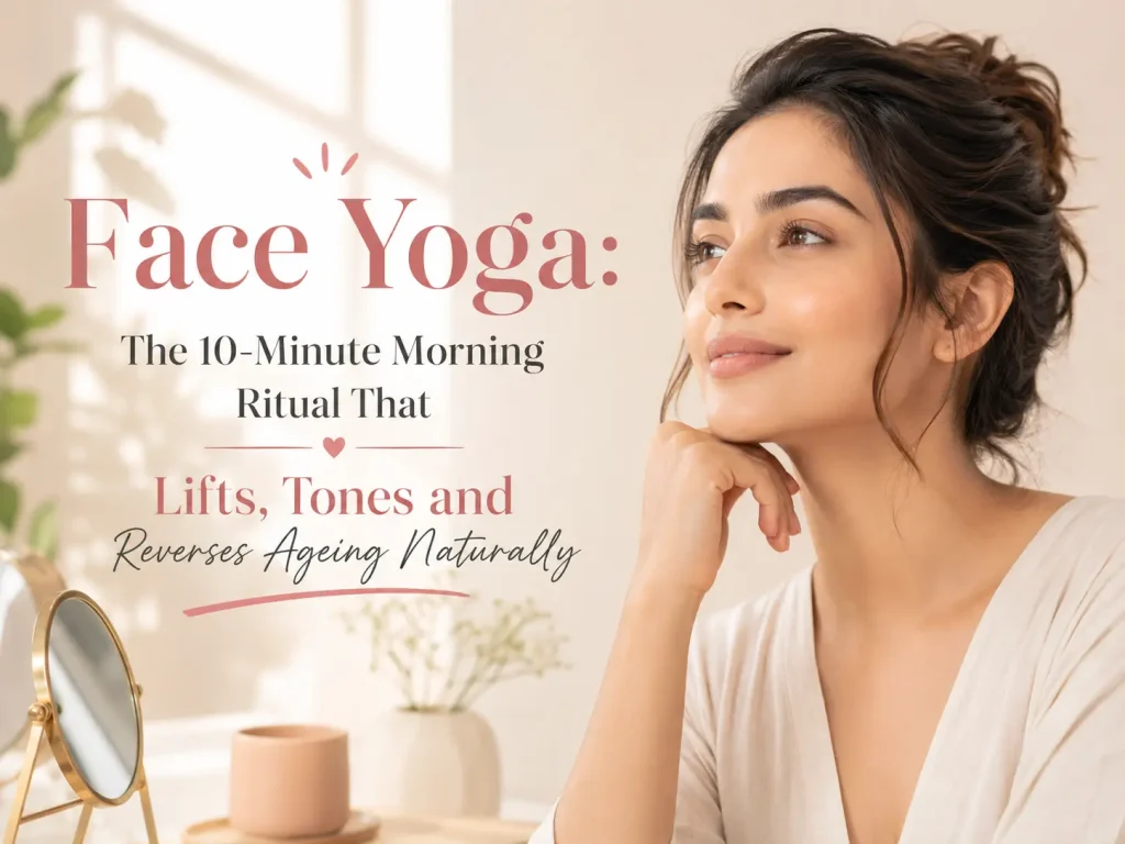 Woman performing a face yoga morning routine to lift facial muscles, improve circulation, reduce puffiness, and support healthy-looking skin naturally.