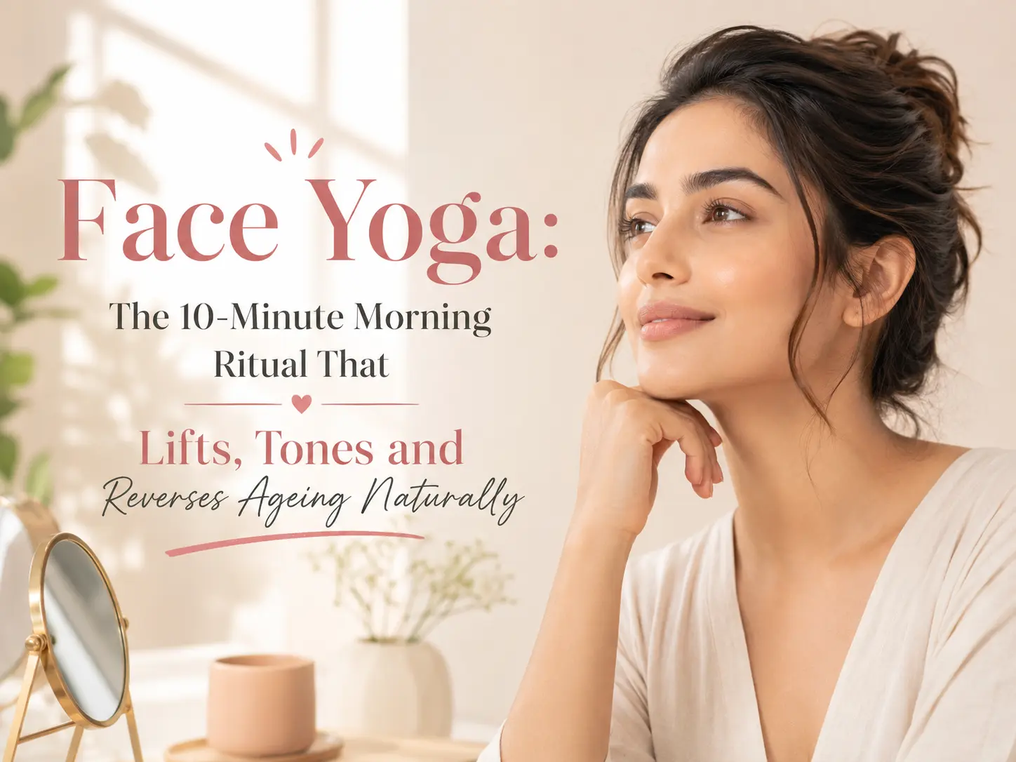 Woman performing a face yoga morning routine to lift facial muscles, improve circulation, reduce puffiness, and support healthy-looking skin naturally.
