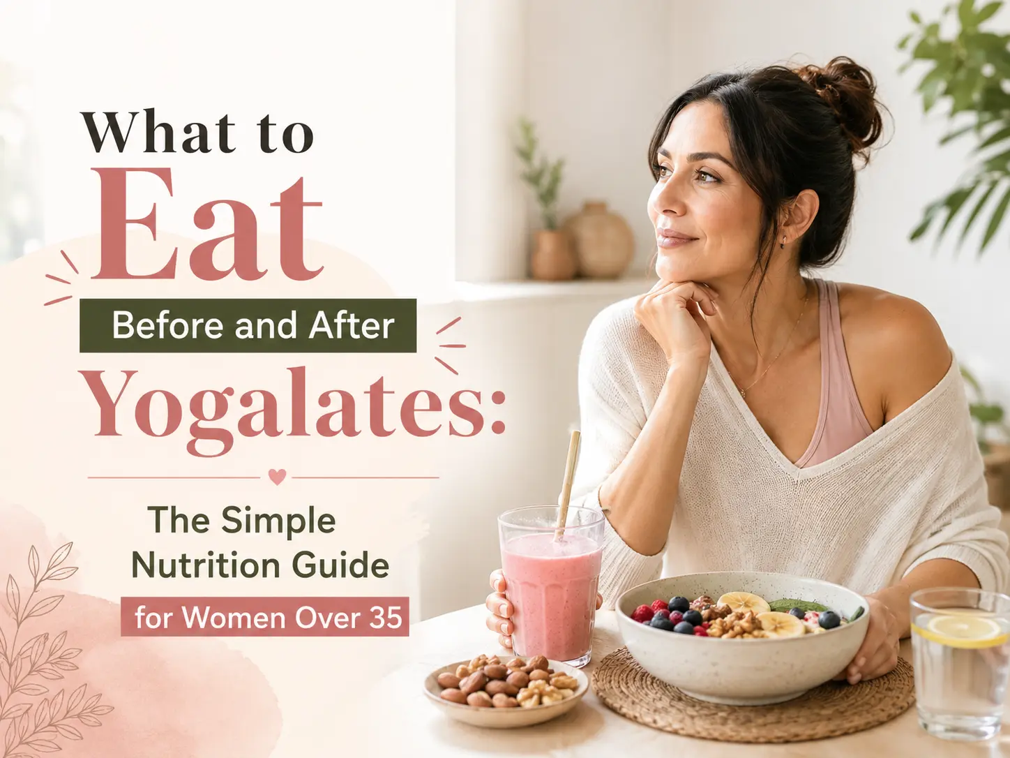 Healthy pre-workout and post-workout meal ideas for Yogalates, including fruits, protein, whole grains, and hydration to support energy and recovery.