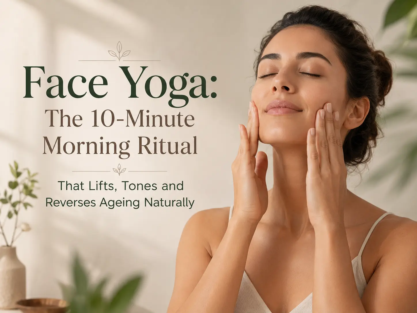 Woman performing a face yoga morning routine to lift facial muscles, improve circulation, reduce puffiness, and support healthy-looking skin naturally.