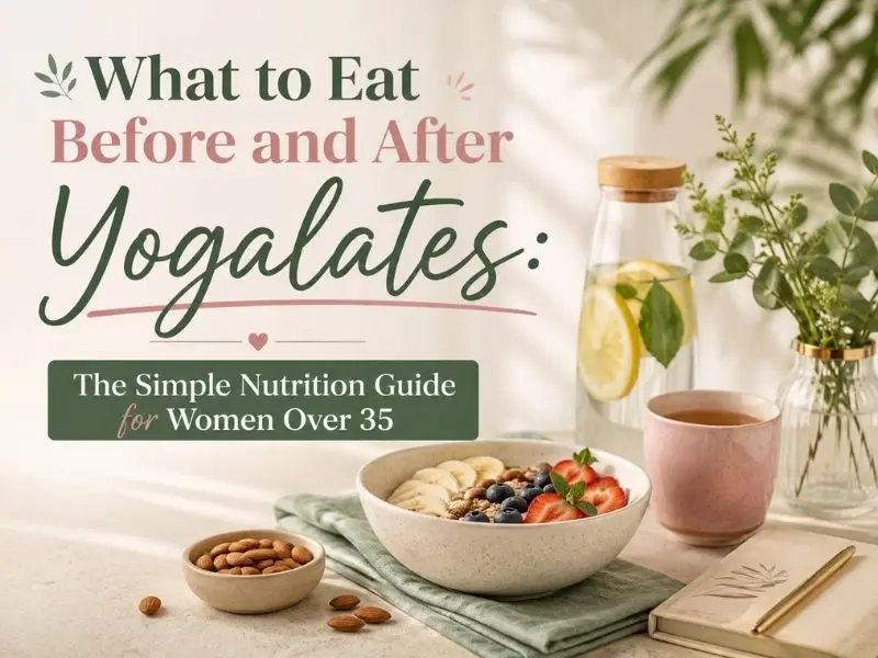 Healthy pre-workout and post-workout meal ideas for Yogalates, including fruits, protein, whole grains, and hydration to support energy and recovery.