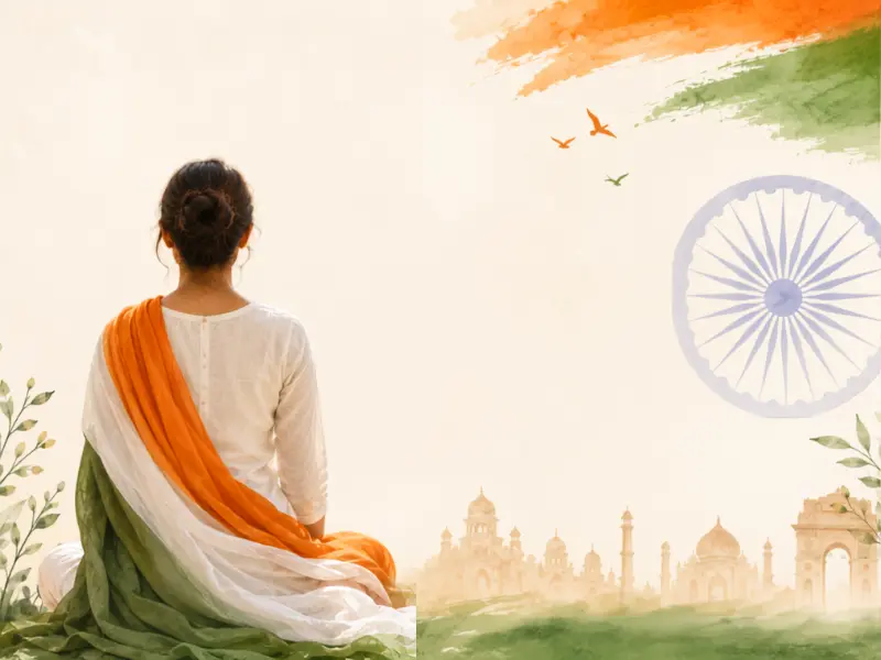 Indian woman doing yoga on Independence Day celebrating 80th Independence Day with a 15 pose Yogalates flow at home