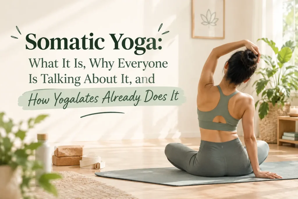 Woman practicing somatic yoga movements at home for nervous system regulation and body awareness