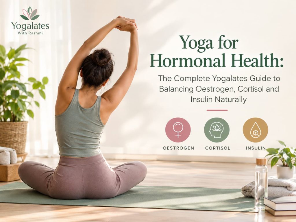 Indian woman practicing Yogalates for hormonal health balancing oestrogen cortisol and insulin naturally at home