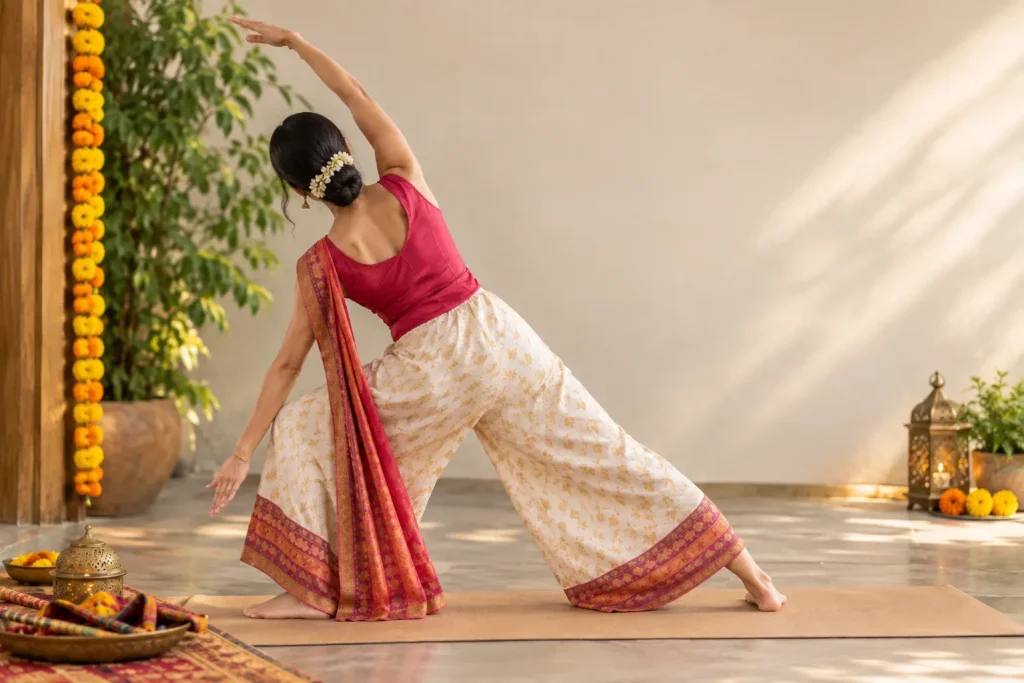 Rashmi Ramesh in festive wear doing yoga during Navratri fast before garba