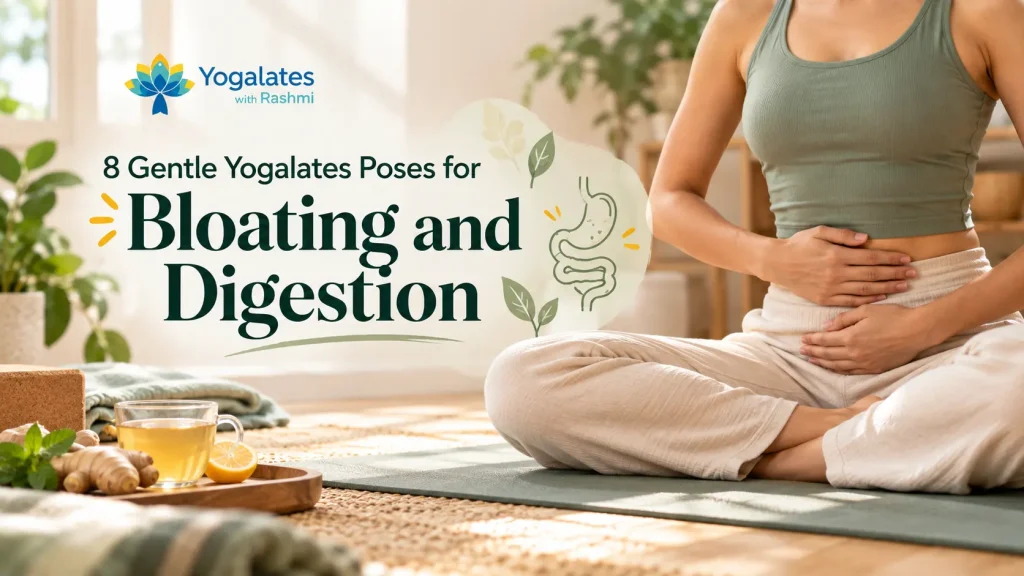 Woman doing a gentle supine twist for bloating relief on a yoga mat at home