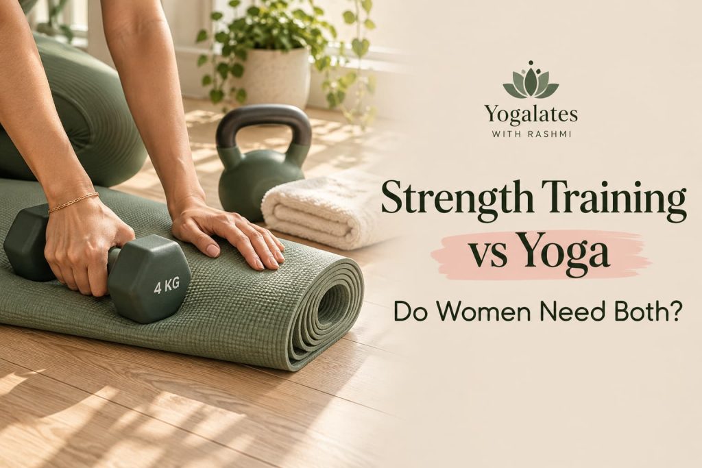 Woman's hand holding a dumbbell on a yoga mat beside a kettlebell, showing strength training and yoga combined for women
