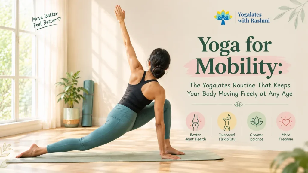 Woman doing a low lunge twist as part of a yoga for mobility routine at home